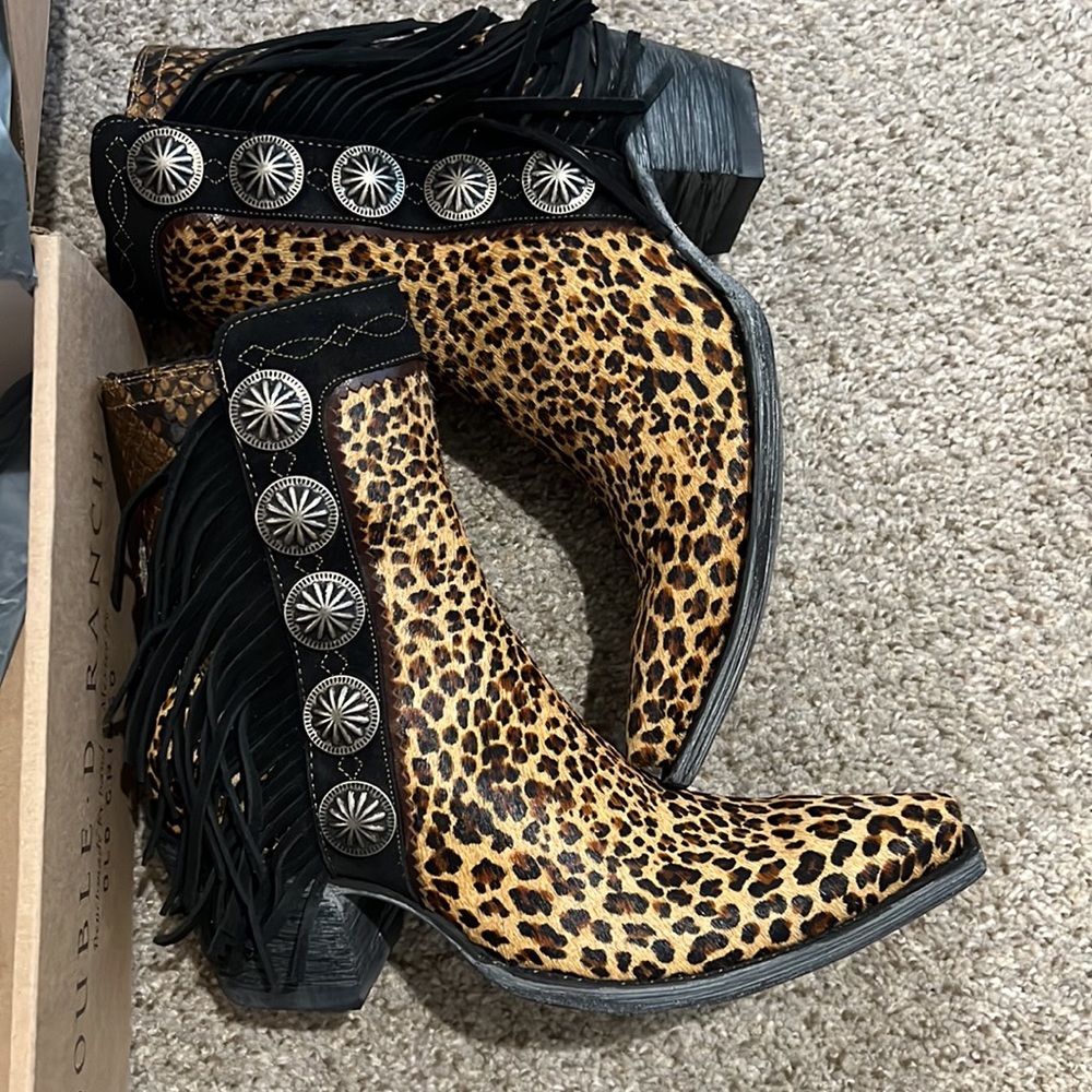 Old Gringo by Double D Ranch Skat Kat leopard print hair on hyde fringe booties